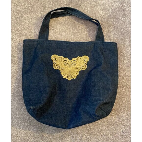 Handcrafted Blue Denim Tote Bag With Embroidered Lace Accent - Picture 1 of 8
